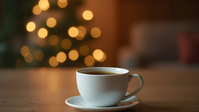 a white coffee cup sits on a wooden table with christmas lights