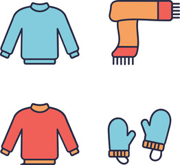 Colorful winter clothing icons including sweaters, scarf, and mittens  