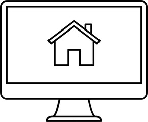 Computer monitor displaying a house icon in simple line art  