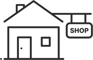 Simple line drawing of a house with a shop sign attached  