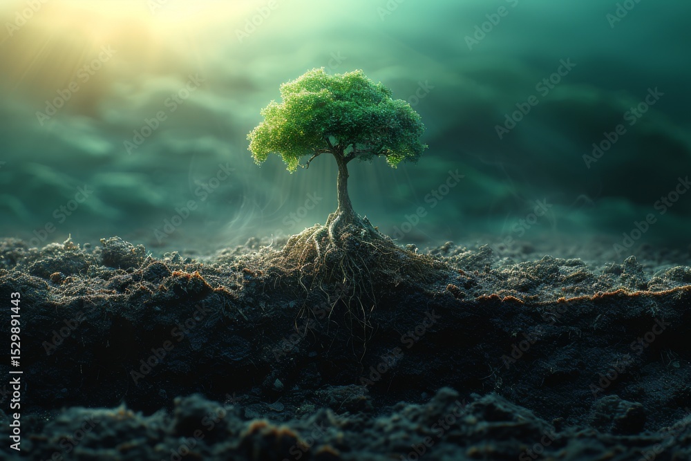 Poster this mesmerizing image features a solitary tree thriving in rich soil, symbolizing resilience and st