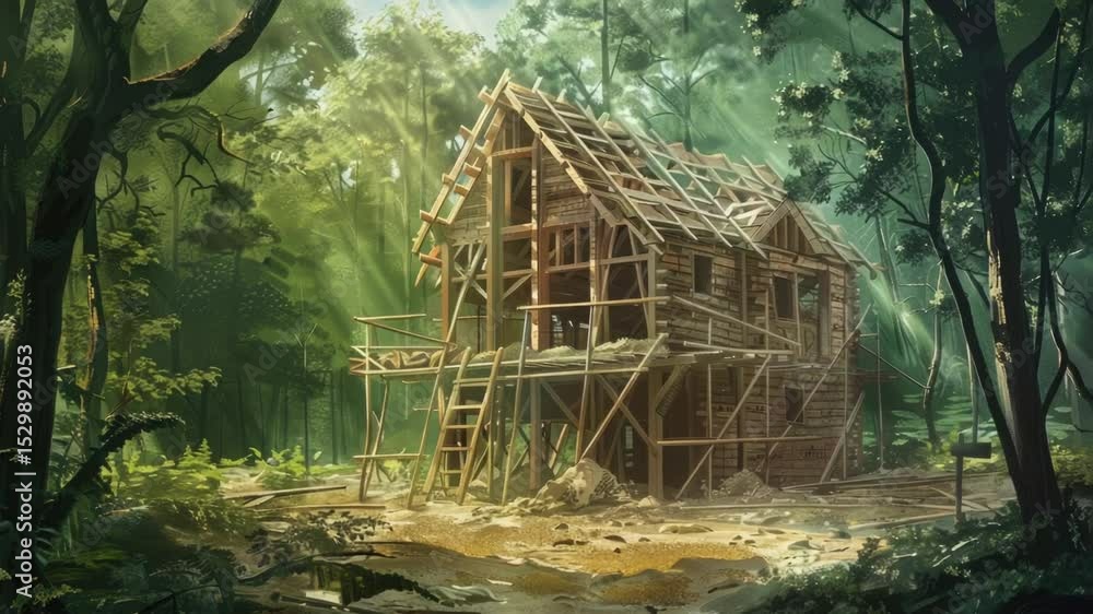 Poster Construction site in a forest setting with a partially built house, some trees and greenery