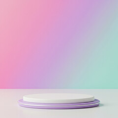 White podium on a pink, blue, and yellow holographic gradient background. Minimalist stage providing a dreamy, colorful presentation. Perfect for beauty or wellness products.
