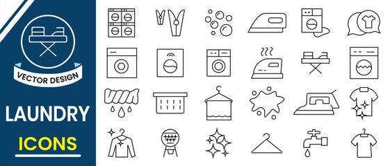 Laundry and Washing icon, vector collection. Outline of Laundry related vector icons set design such as  dryer, shirt, iron, hanger, washer, detergent, hanger, clothes, softener clean, machine vector.