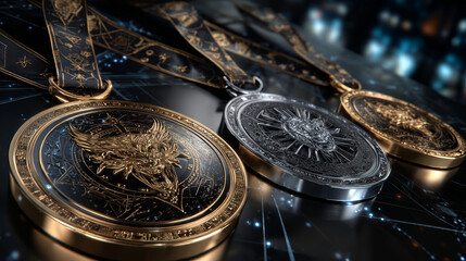 Award golden, silver and bronze blank medals 3d vector realistic illustration. First, second and third place medals or buttons isolated on black background. Quality blank, empty badge, emblem set.