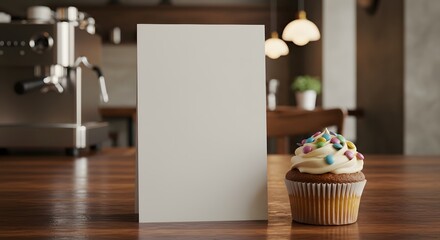 Cupcake next to blank flyer or brochure on table, cafe marketing mockup scene