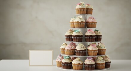 Cupcake tower with placeholder sign for event or business branding, soft background blur