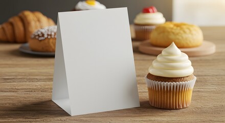 Cupcake next to blank flyer or brochure on table, cafe marketing mockup scene