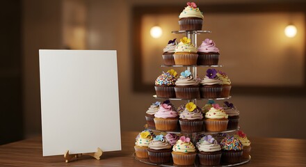 Cupcake tower with placeholder sign for event or business branding, soft background blur