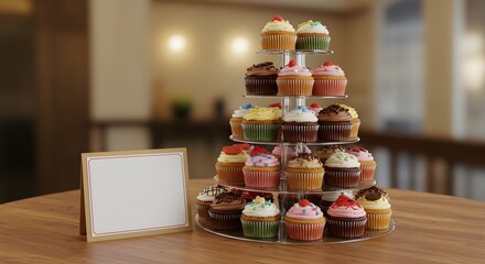Cupcake tower with placeholder sign for event or business branding, soft background blur
