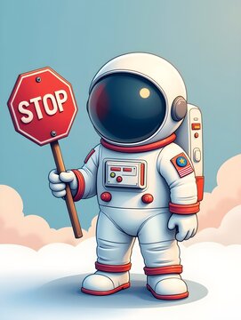 Cartoon Astronaut Holding Stop Sign Illustration Cute Space Travel Concept Art
