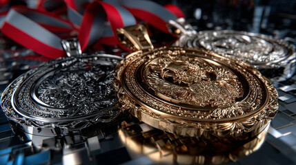 Vector gold, silver and bronze medals with red ribbons isolated on white background.