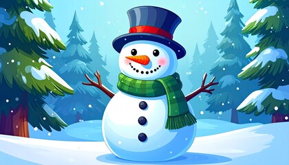 Cute Cartoon Christmas Snowman Character in the Snow