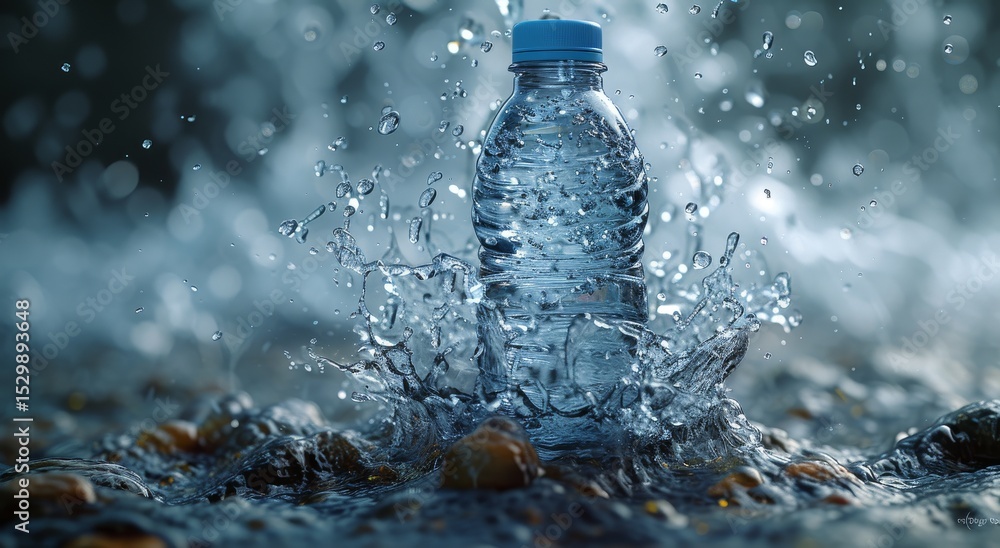Poster a water bottle stands prominently as it is splashed by dynamic water droplets, capturing the essence