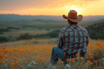 Fototapeta premium A solitary cowboy sits in a field of wildflowers, gazing at the sunset, embodying a deep connection to nature and the tranquility of rural life, evoking peaceful emotions.