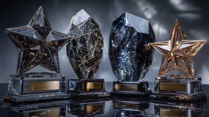 Award trophy set of golden, silver and bronze colors. Metal star shaped cups on gray background. Realistic vector illustration of winners cups for sport competition, business achievement, recognition.
