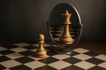 Self-transformation concept showing pawn chess piece seeing queen reflection
