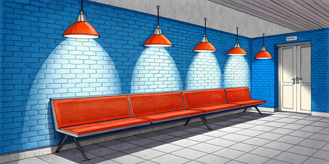 Modern Minimalist Seating Area with Orange Bench, Blue Brick Wall, Three Hanging Lamps, Cozy Ambiance, Tiled Floor, Contemporary Style Generative AI