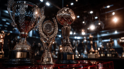 Podium for first, second, third place with laurel, number and text. Gold, silver and bronze ranks on stage on red curtain background. Championship in sport or movie vector illustration.