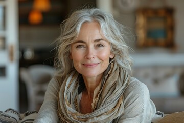 This portrait showcases a beautiful mature woman with gray hair, radiating warmth and confidence, seated comfortably in a light-filled interior with a serene expression.
