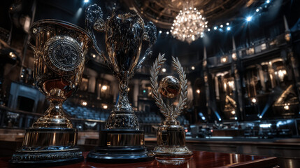 Podium for first, second, third place with laurel, number and text. Gold, silver and bronze ranks on stage on red curtain background. Championship in sport or movie vector illustration.