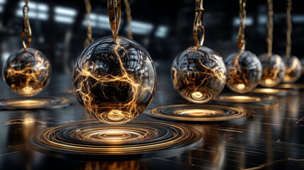 Newton cradle with balancing pendulum of hanging golden metal balls. Classic physics demonstration of momentum and energy transfer. 3d realistic vector illustration.