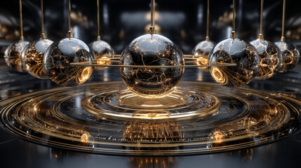 Newton cradle with balancing pendulum of hanging golden metal balls. Classic physics demonstration of momentum and energy transfer. 3d realistic vector illustration.