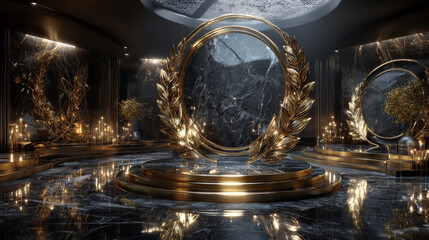 Gold award podium with laurel wreath and set of different golden laurel wreaths vector illustration. Luxury templates for glamour product presentation, winner ceremony.