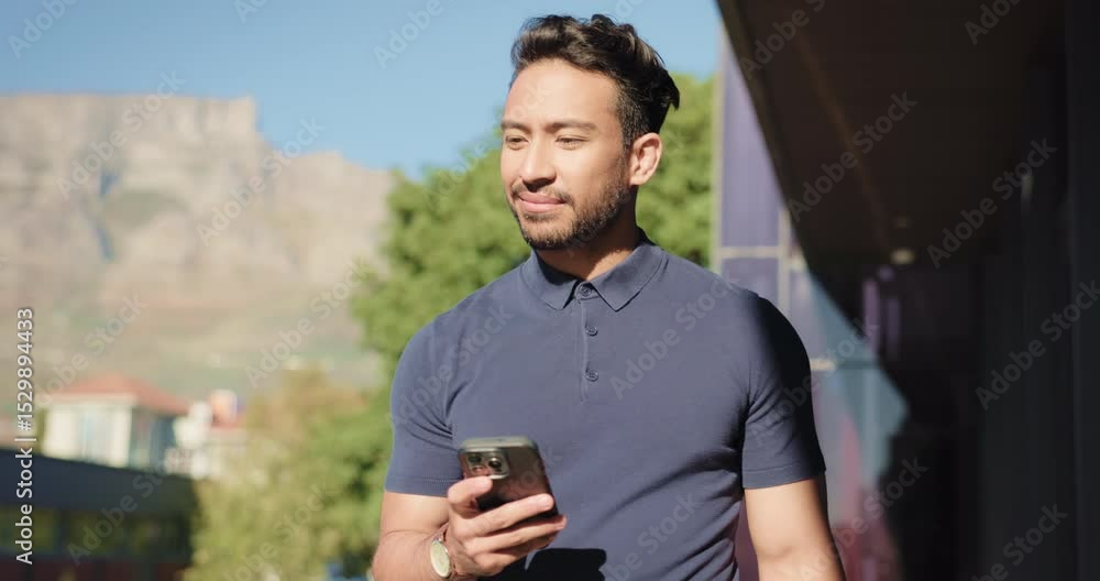 Poster Outdoor, walking and man with smartphone, thinking and social media with communication. Person, mobile user and guy in city, cellphone and connection with message to contact, idea and contemplation
