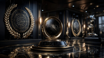 Gold award podium with laurel wreath and set of different golden laurel wreaths vector illustration. Luxury templates for glamour product presentation, winner ceremony.