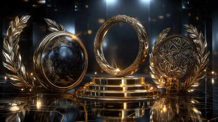 Gold award podium with laurel wreath and set of different golden laurel wreaths vector illustration. Luxury templates for glamour product presentation, winner ceremony.