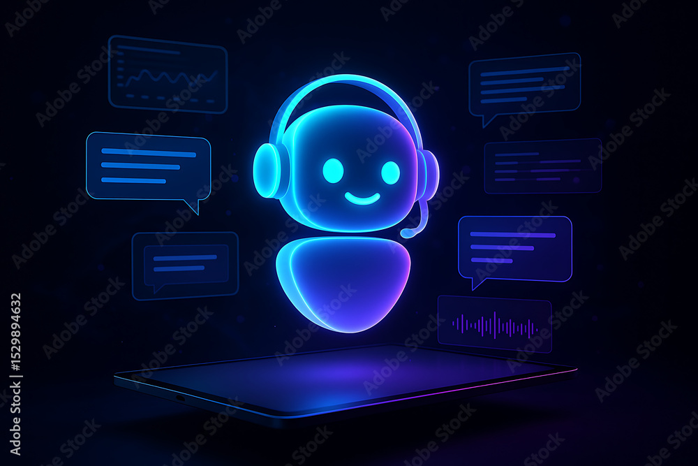 Poster futuristic ai interface with a glowing chatbot robot and headset projected above a digital tablet fo