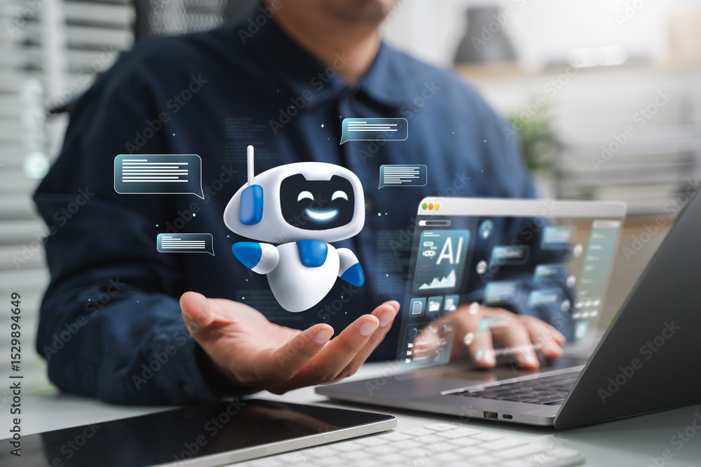 Fototapete ai content creation tools: man uses laptop with ai assistant for graphic design, translation, chatbo