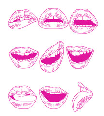 Set of hand-drawn illustrations of lips in a linear style, drawing of mouths with large, original lips for posters, products, or graphic design.