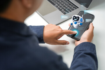 AI content creation tools: Man uses laptop with AI assistant for graphic design, translation,...