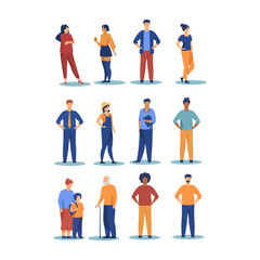 Fototapeta premium Illustration vector graphic of diverse people characters including men, women, elderly, and children in casual clothing. Perfect for community, diversity, or infographic design