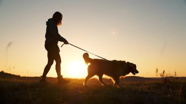Silhouette of a woman walking her dog at sunset against a warm, golden horizon