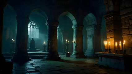 A dark, candlelit crypt beneath a crumbling castle. A coven of witches in tattered robes chant around a glowing cauldron, their faces obscured by hoods. Eerie green mist swirls around ancient pillers.