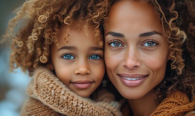 Obraz premium A heartwarming photograph capturing a mother and child embracing each other with joyful smiles, showcasing love and affection in a warm and inviting setting.