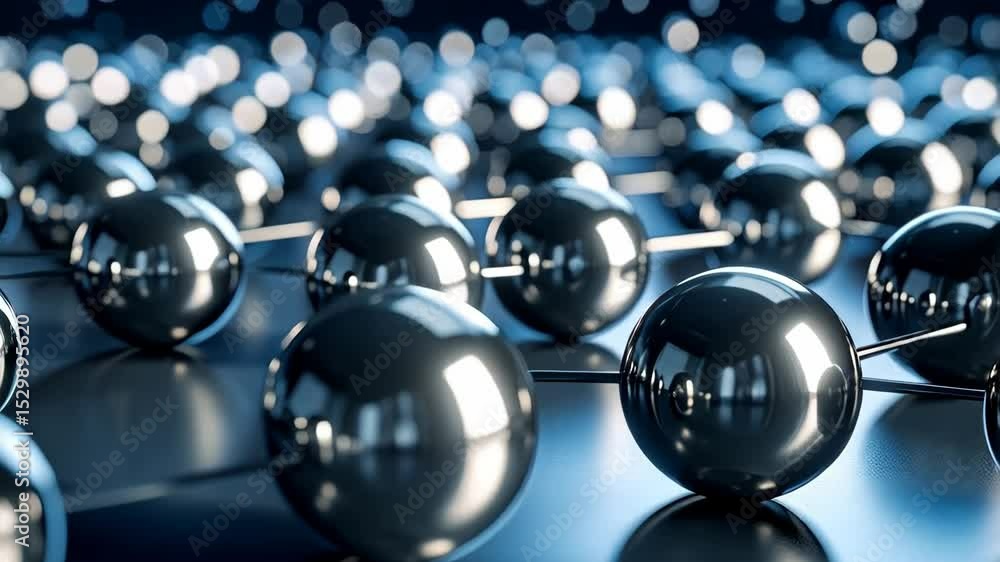 Poster abstract molecular structure featuring interconnected metallic spheres with reflections and bokeh li