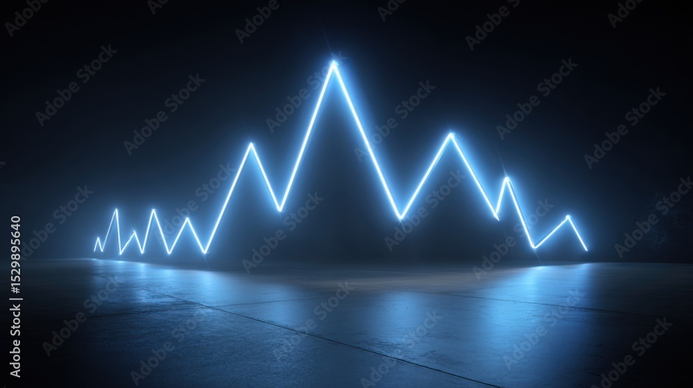 Poster brilliant blue neon lights form a jagged wave pattern across a dark floor, creating a striking visua