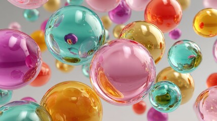 Fototapeta premium Vibrant bubbles of various colors float gracefully in the air, creating a whimsical atmosphere. The play of light enhances their translucent quality, captivating the viewer's attention.
