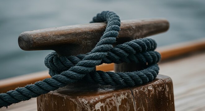 Marine rope knot teased against weathered cleat