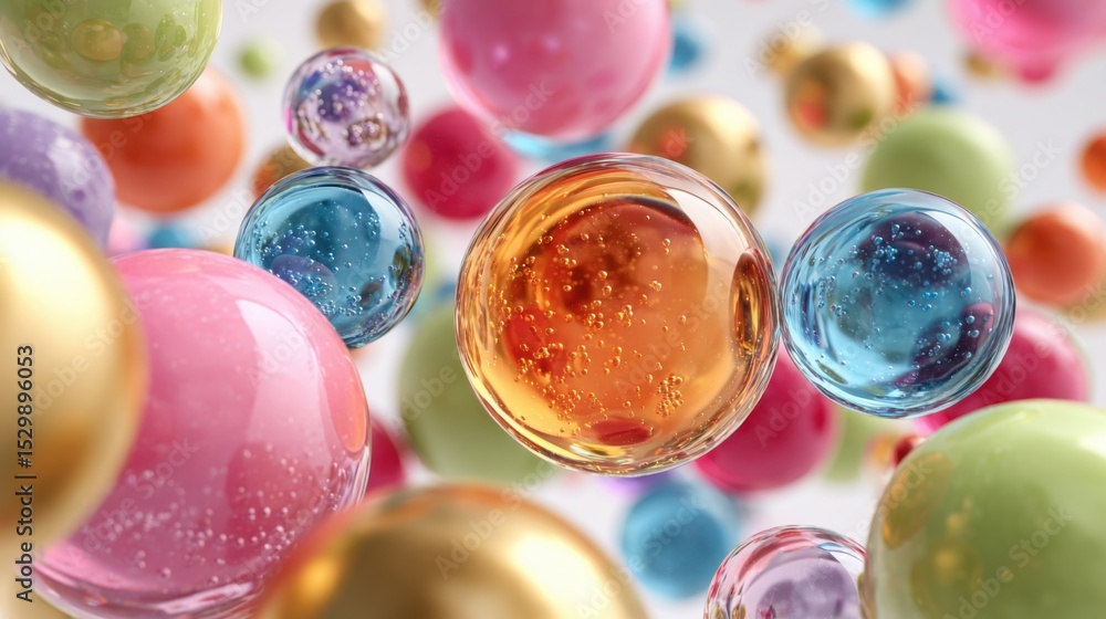 Poster various translucent bubbles in different colors and sizes float gracefully, reflecting light and cre
