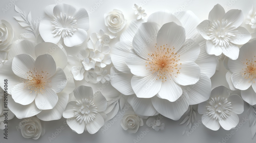 Poster an array of intricately designed white flowers made from paper decorates a smooth, light backdrop. e