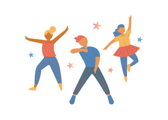 Joyful Dance Illustration Three Diverse Friends Celebrating with Energetic Moves