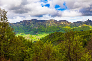Panorama of the Cantal mountains around the Jordanne Valley from a hiking trail through the forest of Mandailles-Saint-Julien