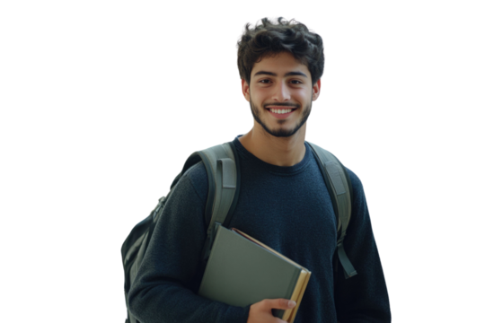 Handsome young confident college student. Smiling male student with backpack and books walking on campus indoors. Young man ready for classes or studying. Confident and happy college student. PNG