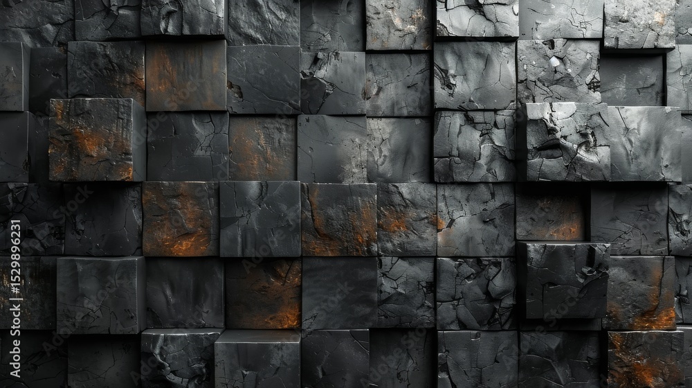 Aufkleber an abstract composition featuring black wall panels with rugged textures and subtle rust highlights 