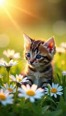 Tiny kitten nestled in blooming daisies, soft golden hour light , image, floral